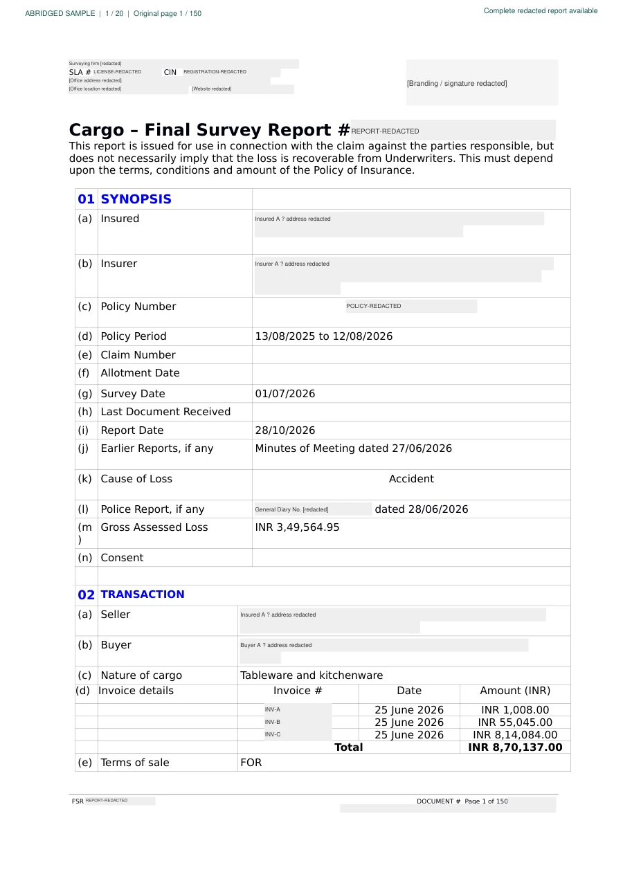 Original company-template cargo report with populated synopsis, invoice table and transaction details; identifying fields redacted